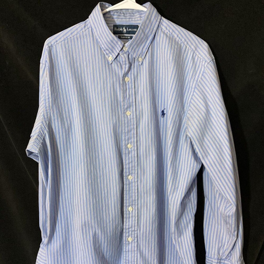 ralph lauren classic fit oxford shirt 17 blue stripe knit mens Long Sleeve Reg